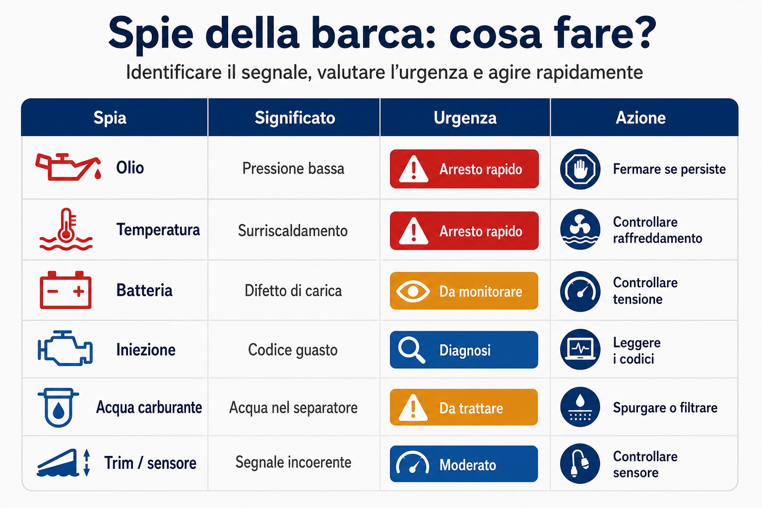 Infografica delle principali spie della barca con significato, urgenza e azione consigliata.
